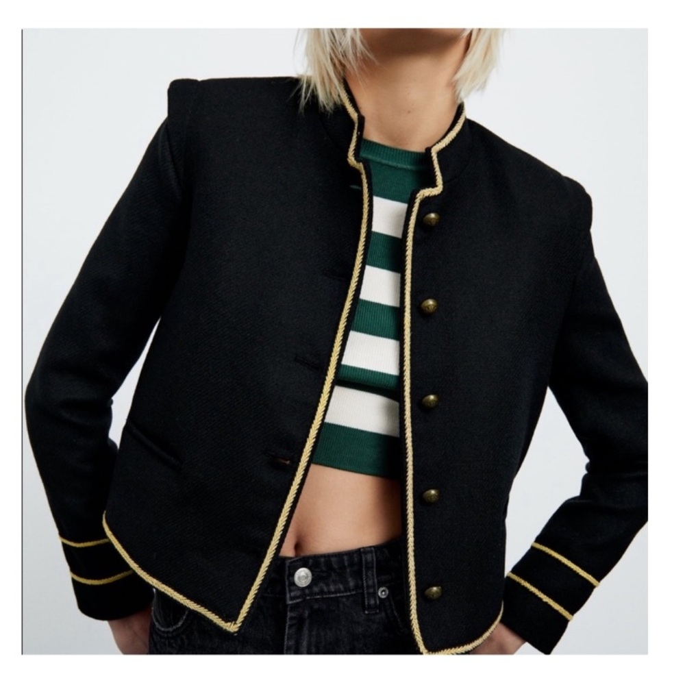 NEW Zara Military Wool Blazer Black Cropped Jacket Gold Embroidery Blogger Fave